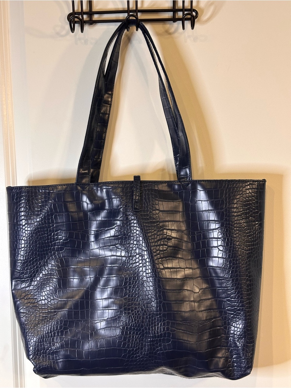 Navy Blue Croc Embossed Oversized Tote Bag Shoulder Purse